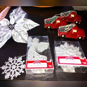 NWT BUNDLE OF SILVER GLITTER & OLD TRUCK CHRISTMAS ORNAMENTS